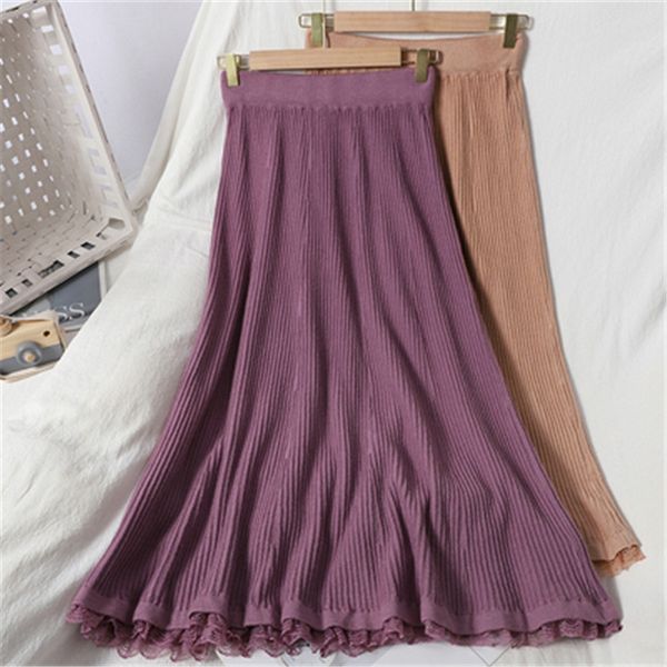 

splice lace knitted skirt women winter fashion korean high waist a-line skirt casual loose streetwear pleated skirts, White;black