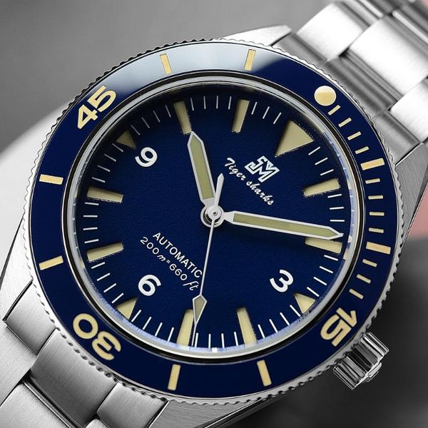 

wristwatches san martin men vintage stainless steel diver watch 200m water resistant ceramic bezel automatic movement wristwatch blue dial, Slivery;brown
