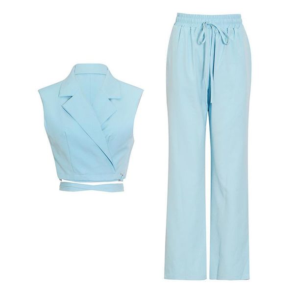 

women's two piece pants fabpop 2021 casual blue suit women notched sleeveless lace up straight wide leg solid sets female gc207, White