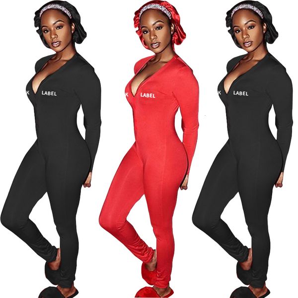 

2021 new lucky lable letter print zipper v-neck leggings jumpsuits women autumn soild color ny jogger casual rompers bodysuits 7bf7, Gray