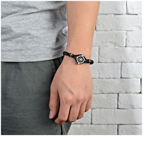 

trend titanium steel bracelet men jewelry black blue woven leather rope chain compass bracelet outdoor camping survival jlllzz