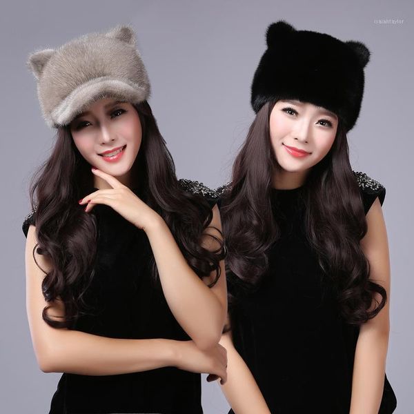 

women's cap real fur mink winter warm ear protector cat ears hat berets, Blue;gray