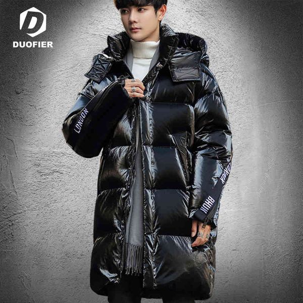 

outdoor men's winter lightweight new hooded long knee-length coat bright thick warm duck down parka black et, Black;white