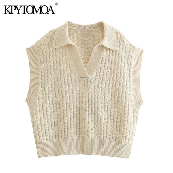 

kpytomoa women fashion oversized knitted vest sweater vintage lapel collar sleeveless female waistcoat chic 211008, Black;white