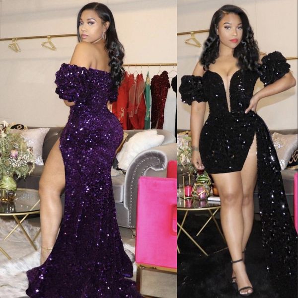 2021 Sparkling Black Prom Dresses Abito da sera senza schienale Pageant Donna Sexy Short Party Wear Long Trail High Split Abiye Dubai Abiti Borgogna Rosso Viola Overskirts