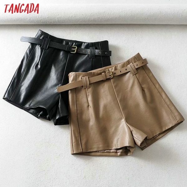 

tangada women brown pu leather skirt shorts with belt zipper female high waist ladies casual shorts 1y07 210317, White;black