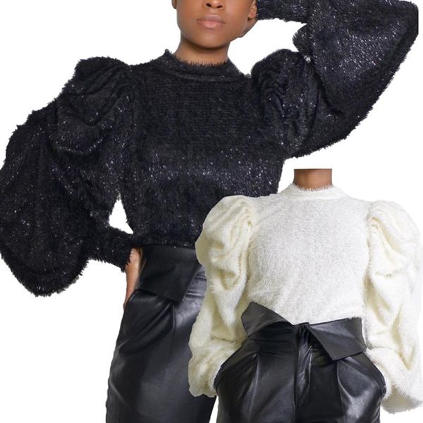 

women's sweaters knit pleated puff sleeve sweatshirt, White;black