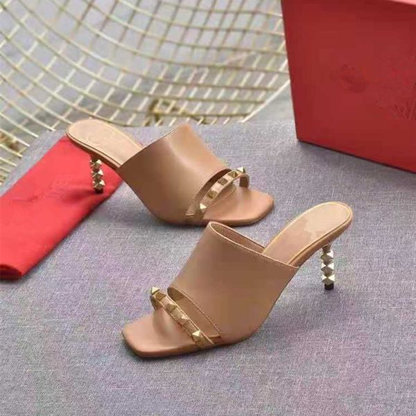 

designer leather stud sandals t-belt sandalss summer high heels rivet slippers womens party shoes 6.5cm 5 ribbon box, Black