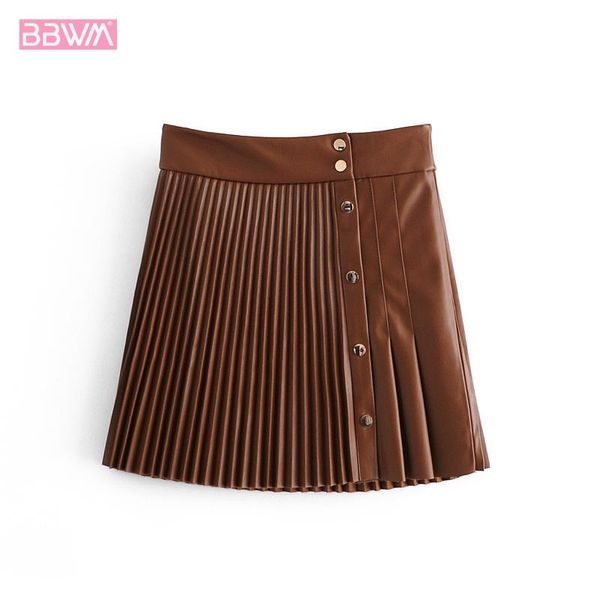 

vintage folds faux leather button decoration women's mini skirt fashion casual 3 colors pu chic female short skirts, Black