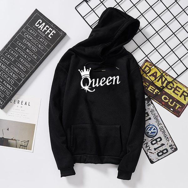

queen crown print men women couple streetwear long sleeve pair hoodies sweatshirt for lovers winter hooded pullovers women's & sweats, Black