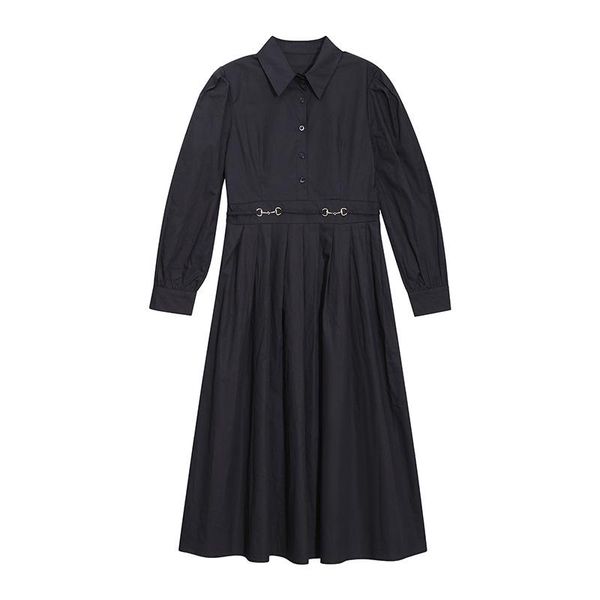 

casual dresses 2021 autumn office lady dress solid color spliced button pullover turn-down collar full sleeve clothes women, Black;gray
