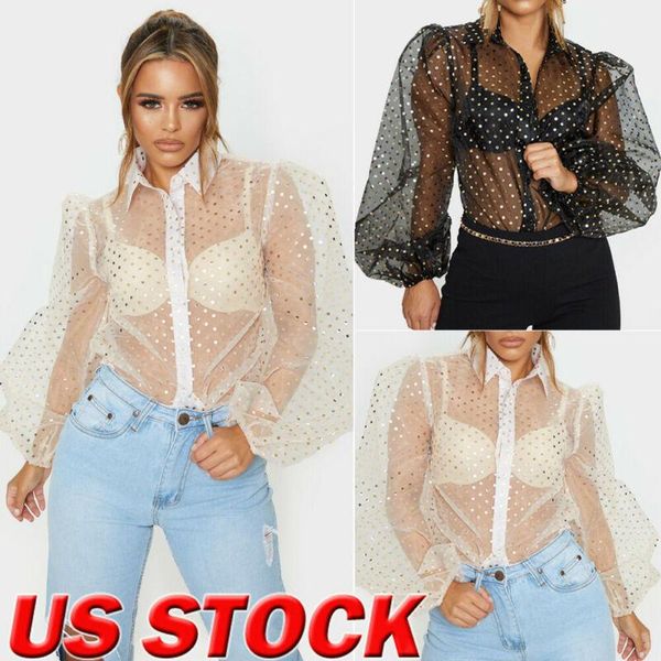 

women's blouses & shirts meihuida fashion women mesh blouse shirt see-through long puff sleeve polka dot button transparent female blus, White