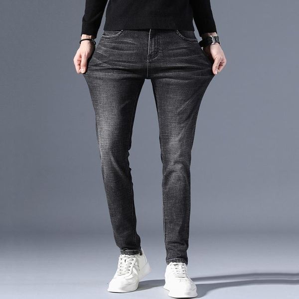

men's jeans black autumn pants slim straight business stretch casual trousers, Blue