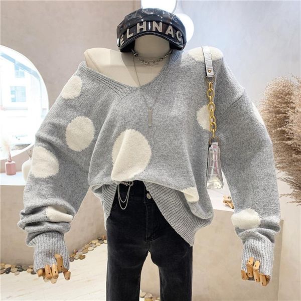 

women's sweaters clothing 2021 autumn winter retro lazy loose long sleeve pullover polka dot sweater knitted top, White;black