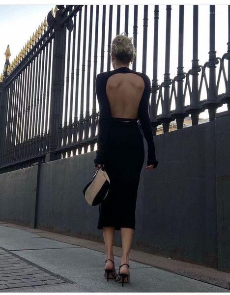 

casual dresses pioneer aesthetic designskinny and elegant open backconcave-convex lattice metal belt shoulder pad pit strip knitted dress, Black;gray