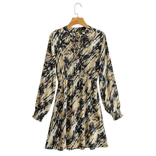 

casual dresses 2021 spring women tie dye print stand collar lace up mini dress female long sleeve clothes lady loose vestido d7022, Black;gray