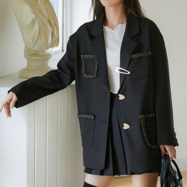 

women's suits & blazers women elegant black korea style contrast pocket single breasted loose office lady long sleeve casual work blaze, White;black