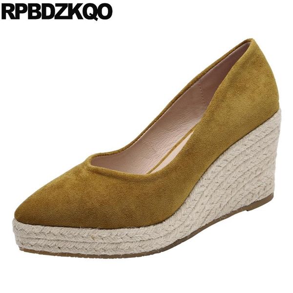 

dress shoes 2021 black fashion 3 inch yellow wedge high heels casual women platform slip on pointed toe pumps suede size 4 34 blue
