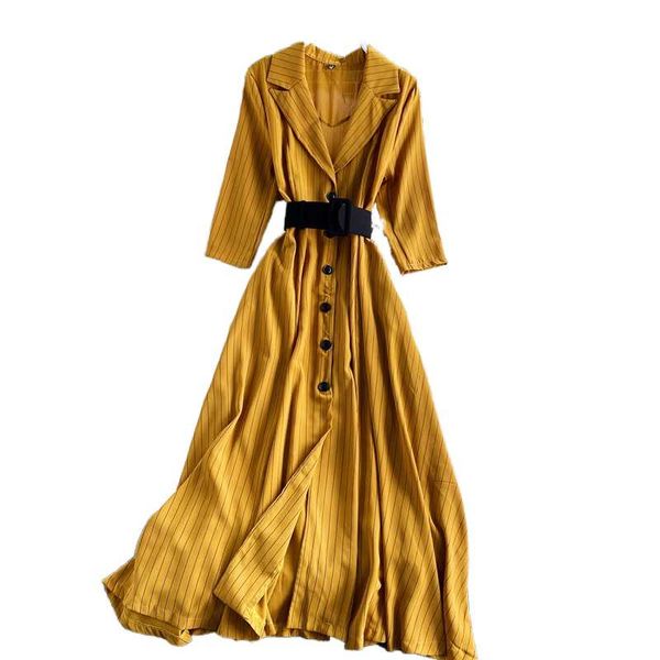 

casual dresses spring autumn women notched neck three quarter sleeve belt slim long dress fashion single-breasted striped, Black;gray