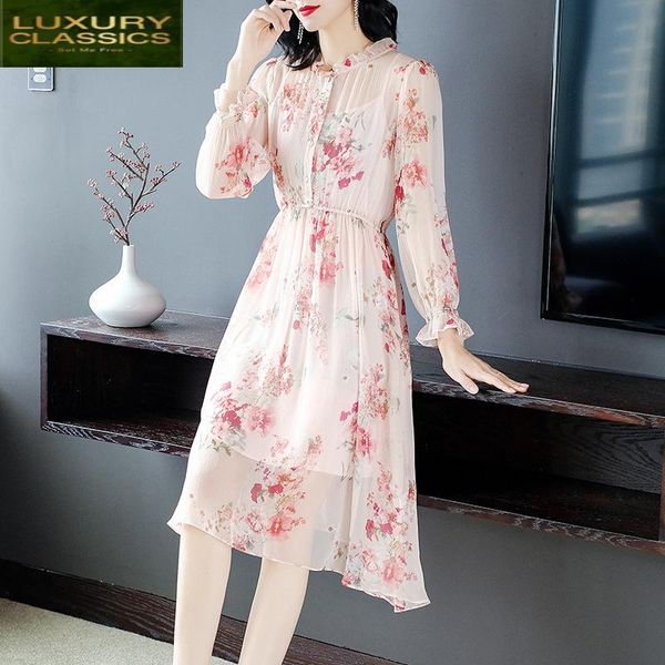 

summer dress women vintage clothes 2021 boho 100% real silk long vestidos ladies floral pink party dress mujer 46410, Black;gray