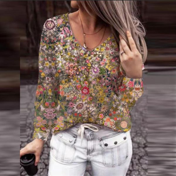 

women's blouses & shirts vintage floral printed blouse fashion ladies v neck long-sleeved pullover 2021 autumn casual loose street, White