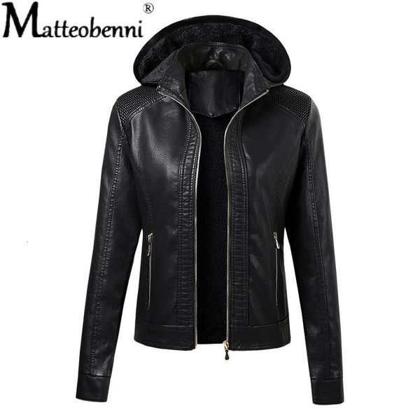 

2021 new fashion solid zipper pu leather biker jacket women fall winter faux fur tunic outerwear female plus size hooded veet coat df0z, Black;brown