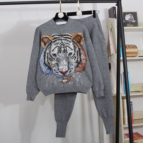 

fashion white black tracksuits knitted set women handwork beading tiger sweater pencil pants outfits female loose knitting suit yqow, Blue