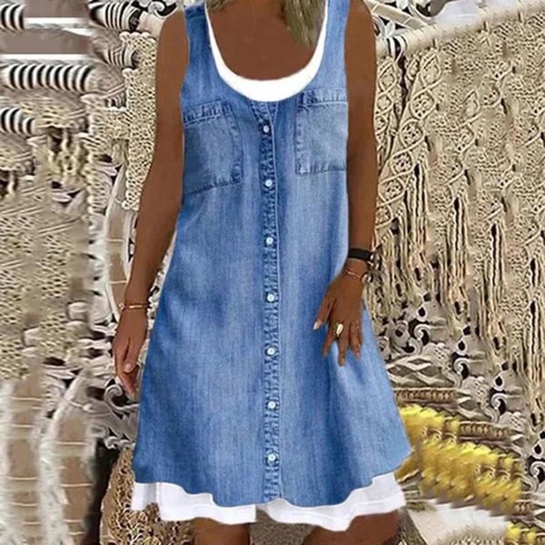 

casual dresses 2021 vintage dress woman summer denim print o-neck sleeveless loose fake two women dresses#35, Black;gray