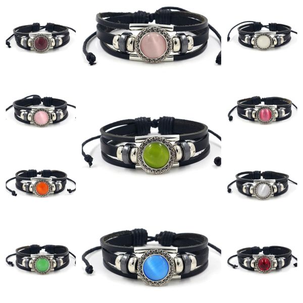 

women braided rope charm ethnic bracelet opal leather gem handwoven bracelet chain cuff accessories, Golden;silver
