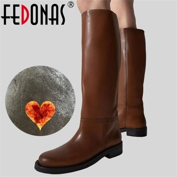 

fedonas ins za women knee high boots full cow leather warm thick heels motorcycle punk shoes woman 211217, Black