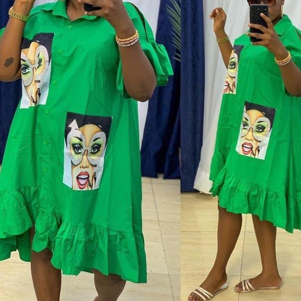 

ethnic clothing african print dresses for women 2021 fashion robe plus size short sleeve cotton ruffle midi shirt dress vestido africa cloth, Red