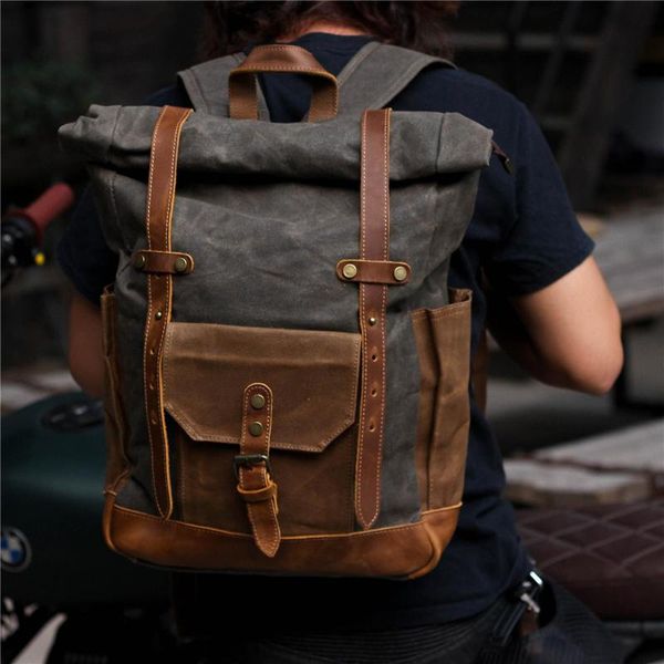 

roll backpack for men waxed canvas shoulder rucksack for travel school high capacity vintage backpack 12-15" laptop