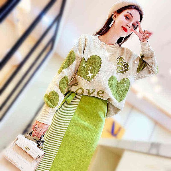 

autumn winter fashion women's suit chic pearl beads loose sweater and irregular skirt knitted suit women's clothing sets sl482 211, White