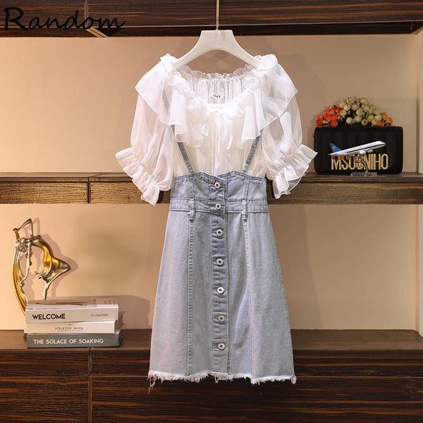 

plus size tracksuits women demin dress two piece set sweet ruff shirt and spaghetti 2021 summer cute street overalls outfits, Black