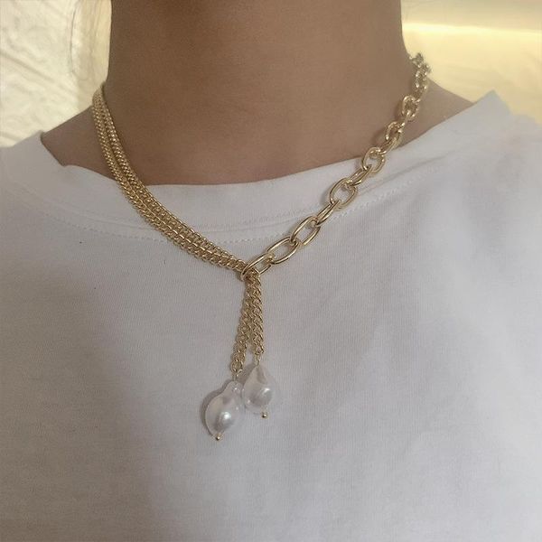 

pendant necklaces u-magical concise asymmetry metal chain necklace for women french faux pearl double-layer gold jewelry gift, Silver