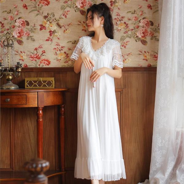 

women's sleepwear nighty woman autumn nightgown white pink nightdress leisure fashion long vintage home dress ladies nightwear vneck, Black;red