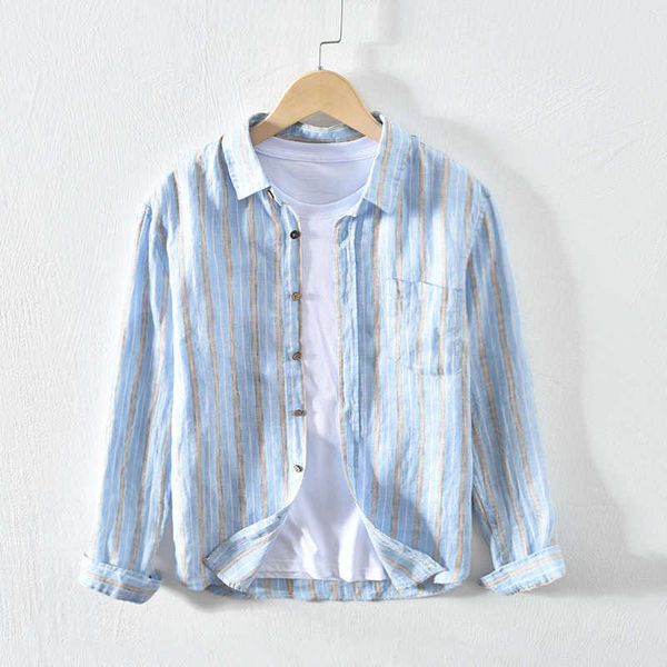 

men spring summer fashion japan style linen rainbow stripe long sleeve single breasted shirts male casual loose 210721, White;black