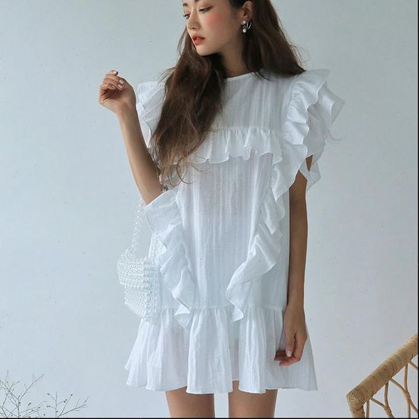 

ewq] 2021 summer dress female ruffles solid clothes butterfly sleeve elegant o neck vestidos de fiesta vestidos me271, Black;gray