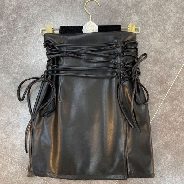 

spring arrivals black solid color nature waist bandage rope knitting short pu skirt mz438 210525