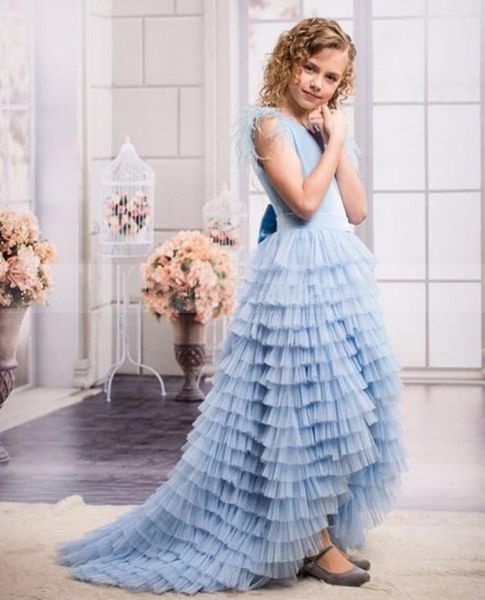 

girl's dresses blue ruffled tulle feather flower girl dress for wedding o neck backless children birthday pageant party gowns, Red;yellow
