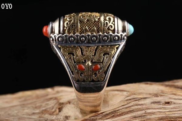 

cluster rings sterling silver transit ring s925 men and women retro style dzi bead six words mantra open, Golden;silver