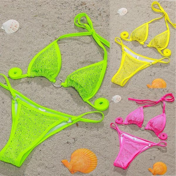 

bandage solid color bikini diamond women's swimsuit split swimwear stitching strappy with decor, White;black