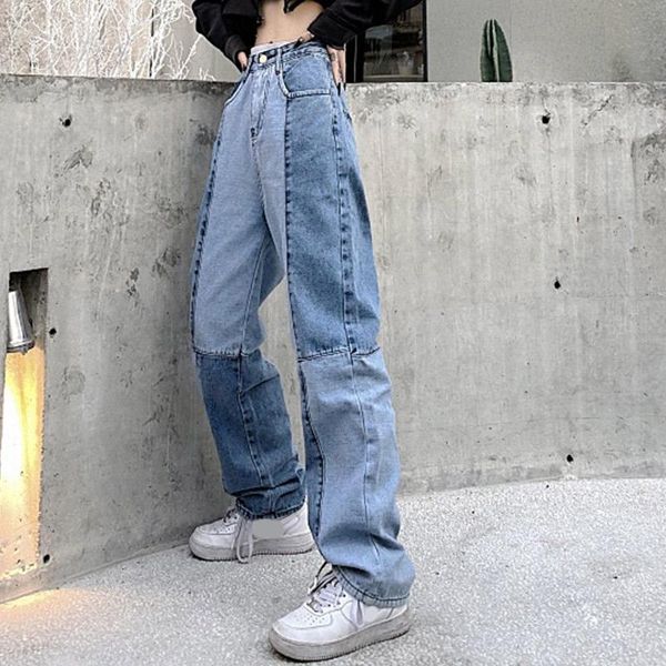 

women's pants & capris harajuku patchwork high waist office straight loose pocket casual jeans female 2021 fall vintage wide leg trouse, Black;white