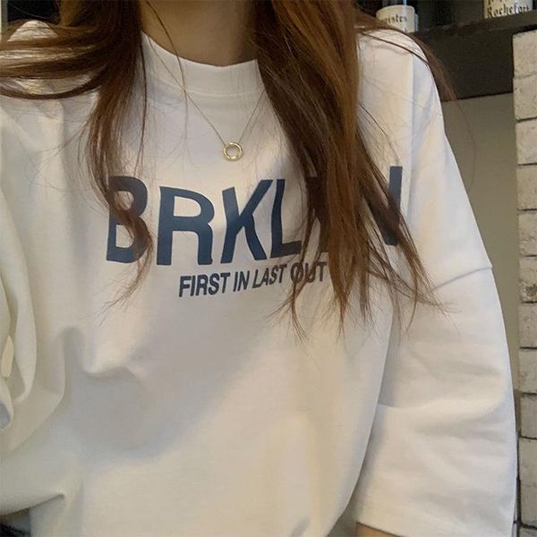 

women's t-shirt summer korean short sleeve women 2021 loose chic with letter print long tshirt, White