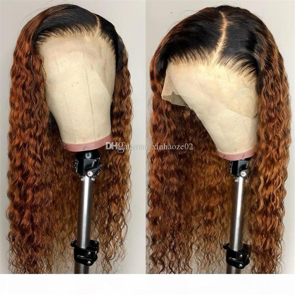 

brazilian ombre human hair water wavy wig 150 density blonde ombre lace wig 1bt30 ombre full lace wigs with dark roots blonde hair, Black;brown