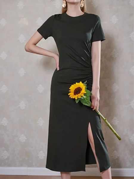 

2021 new lado split o-neck midi vestido novo preto verde manga curta cintura fina plissado feminino ol escritrio vestidos longos ayjx, Black;gray
