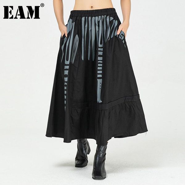 

eam] print pattern irregular contrast color high waist half-body skirt women fashion tide new spring autumn 2021 1dd4100, Black