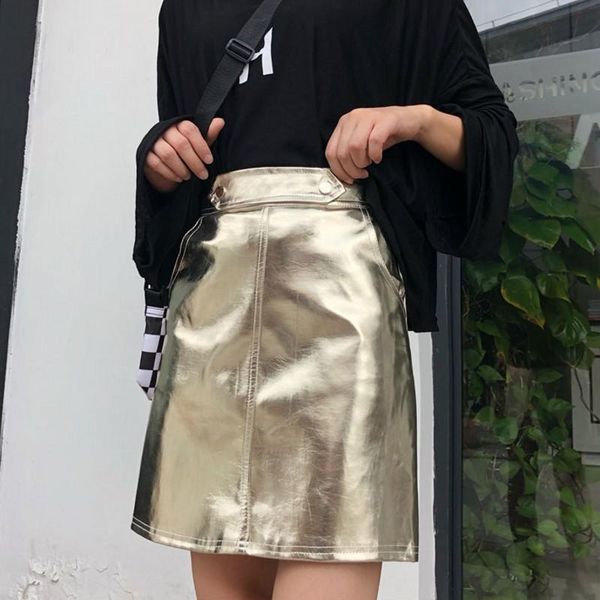 

skirts silver metallic high waisted zip up faux leather mini skinny women ladies stylish slit slim fit bodycon short pu, Black