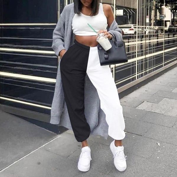

casual color block ankle womens capri tied high waist pockets harem long trousers, Black;white