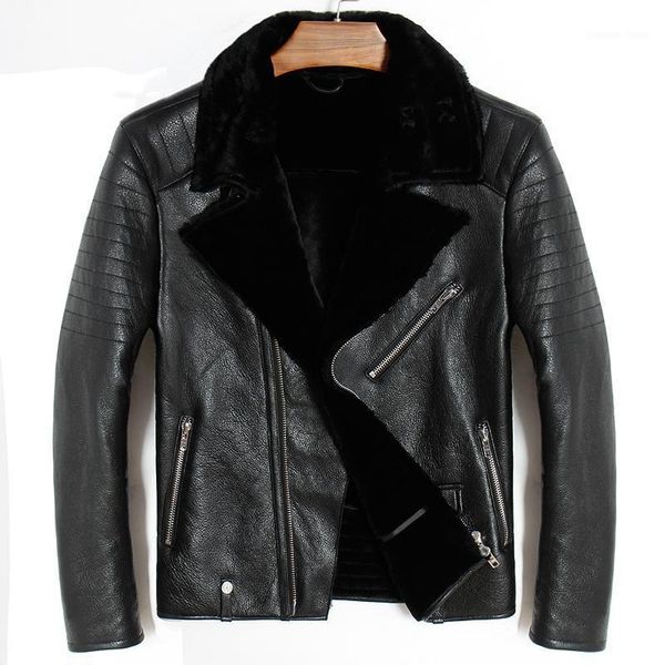 

men's leather & faux 100% real jacket men winter coat male genuine sheepskin cashmere liner bomber shearling moto jaqueta um800, Black